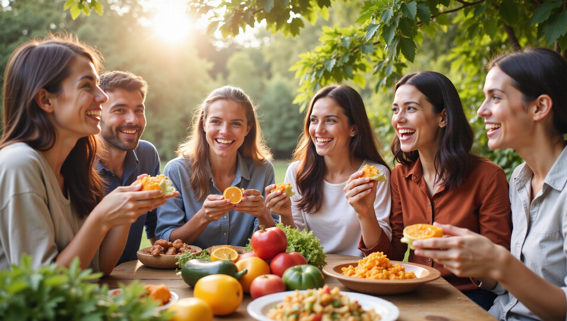 Χαρούμενοι, υγιεινοί άνθρωποι που τρώνε φρέσκα φρούτα και λαχανικά σε φωτεινό, φυσικό περιβάλλον